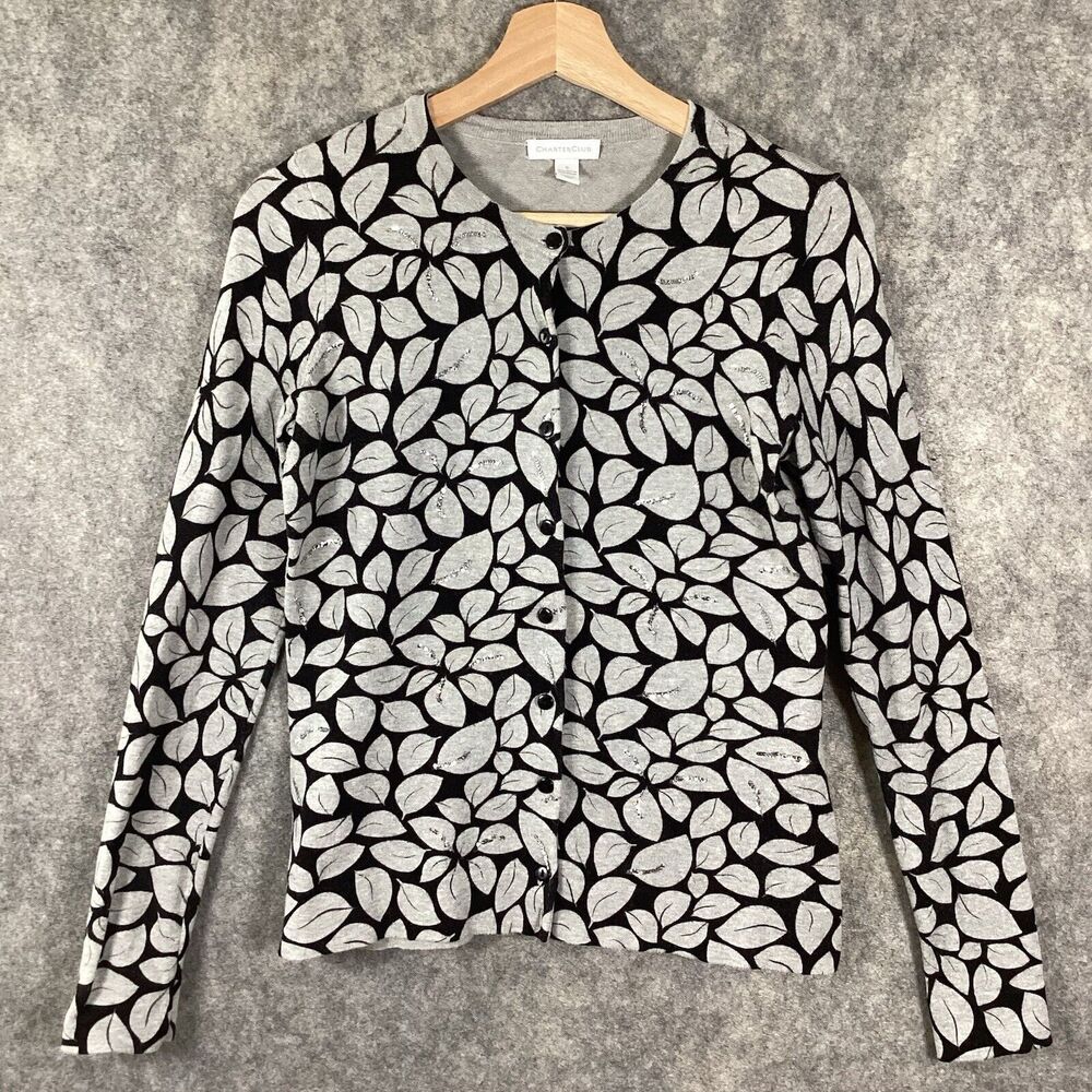 Charter Club Cardigan Women’s Size Small. Black/Gray Floral Silver Sequin Detail